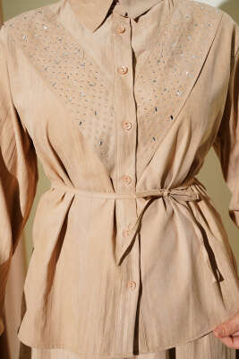 V Taş Süslemeli Tensel Etekli Takım Latte - İkili Takım