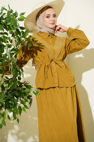 V Taş Süslemeli Tensel Etekli Takım Yağ Yeşili - İkili Takım