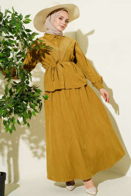 V Taş Süslemeli Tensel Etekli Takım Yağ Yeşili - İkili Takım