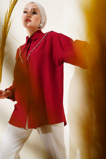 V Taşlı Gömlek Bordo - Gömlek