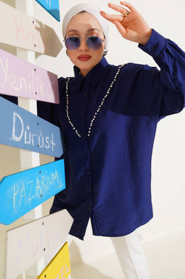 V Taşlı Gömlek Lacivert - Gömlek