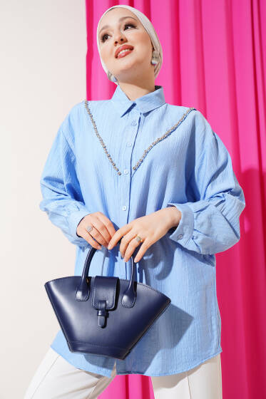 V Taşlı Gömlek Mavi - Gömlek