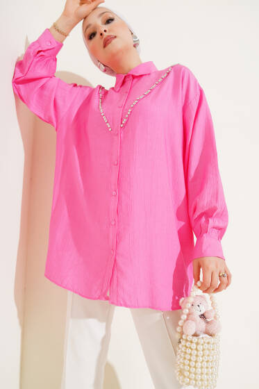 V Taşlı Gömlek Pembe - Gömlek