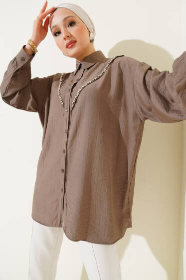 V Taşlı Gömlek Vizon - Gömlek