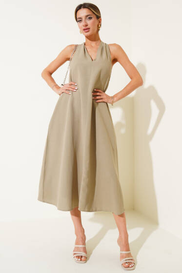 V Yaka Arkası Çapraz Elbise Haki - Kadın Giyim Modelleri