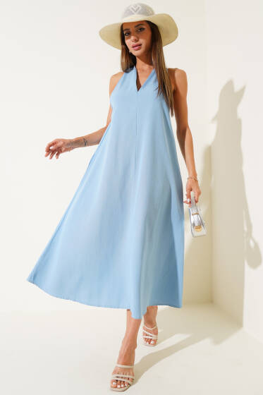 V Yaka Arkası Çapraz Elbise Mavi - Kadın Giyim Modelleri