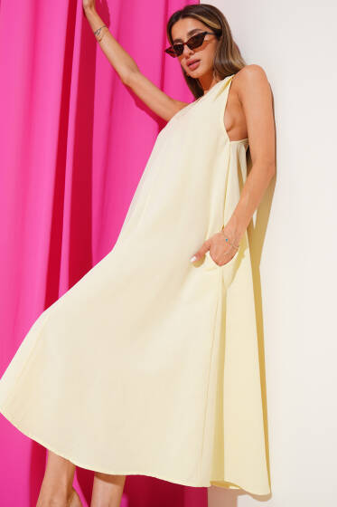 V Yaka Arkası Çapraz Elbise Sarı - Kadın Giyim Modelleri