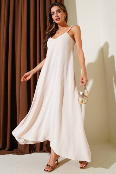 V Yaka Ayrobin Elbise Bej - Kadın Giyim Modelleri