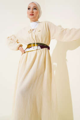 V Yaka Bağcıklı Elbise Bej - Tesettür Elbise