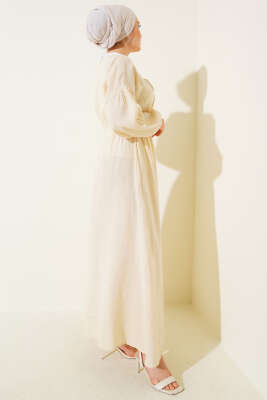 V Yaka Bağcıklı Elbise Bej - Tesettür Elbise