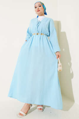 V Yaka Bağcıklı Elbise Buz Mavisi - Tesettür Elbise