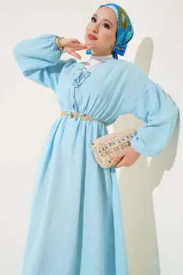 V Yaka Bağcıklı Elbise Buz Mavisi - Tesettür Elbise
