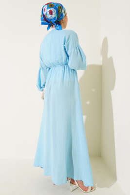 V Yaka Bağcıklı Elbise Buz Mavisi - Tesettür Elbise