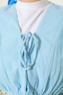 V Yaka Bağcıklı Elbise Buz Mavisi - Tesettür Elbise