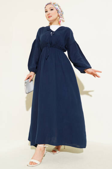 V Yaka Bağcıklı Elbise Lacivert - Elbise