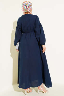 V Yaka Bağcıklı Elbise Lacivert - Tesettür Elbise
