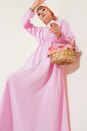 V Yaka Bağcıklı Elbise Pembe - Elbise