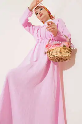 V Yaka Bağcıklı Elbise Pembe 