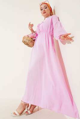 V Yaka Bağcıklı Elbise Pembe - Tesettür Elbise