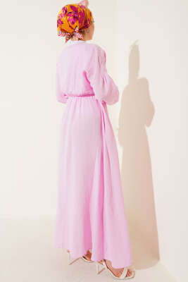 V Yaka Bağcıklı Elbise Pembe - Tesettür Elbise