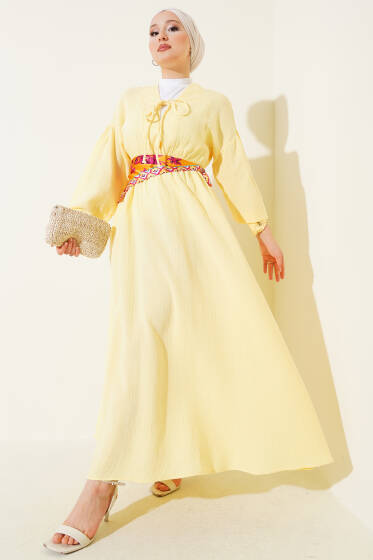 V Yaka Bağcıklı Elbise Sarı - Elbise