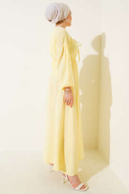 V Yaka Bağcıklı Elbise Sarı - Tesettür Elbise