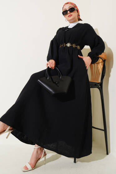 V Yaka Bağcıklı Elbise Siyah - Elbise