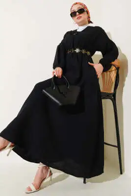 V Yaka Bağcıklı Elbise Siyah 