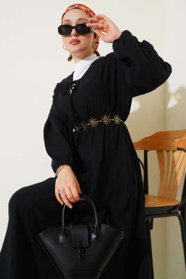 V Yaka Bağcıklı Elbise Siyah - Tesettür Elbise