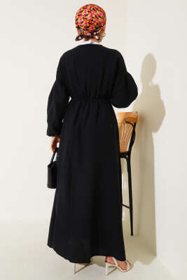 V Yaka Bağcıklı Elbise Siyah - Tesettür Elbise