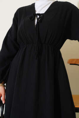 V Yaka Bağcıklı Elbise Siyah - Tesettür Elbise