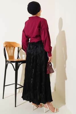V Yaka Bağlamalı Kısa Gömlek Bordo - 300-500 TL Ürünler