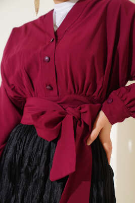 V Yaka Bağlamalı Kısa Gömlek Bordo - 300-500 TL Ürünler