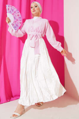 V Yaka Bağlamalı Kısa Gömlek Pembe - 300-500 TL Ürünler