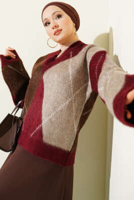 V Yaka Baklava Desenli Triko Kazak Bordo - HELLIE