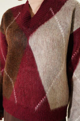 V Yaka Baklava Desenli Triko Kazak Bordo - Triko Kazak