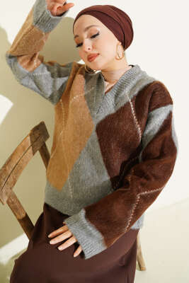 V Yaka Baklava Desenli Triko Kazak Gri - HELLIE