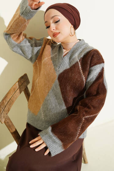 V Yaka Baklava Desenli Triko Kazak Gri - Triko Kazak