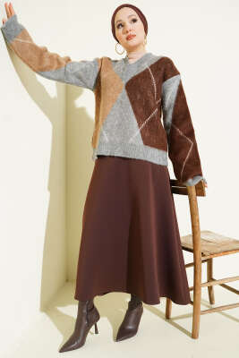 V Yaka Baklava Desenli Triko Kazak Gri - Triko Kazak