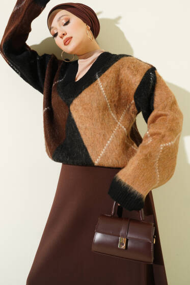 V Yaka Baklava Desenli Triko Kazak Siyah - Triko Kazak