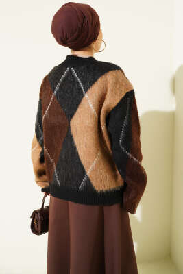 V Yaka Baklava Desenli Triko Kazak Siyah - Triko Kazak