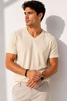 V Yaka Basic Erkek T-shirt Bej - HİT TİME