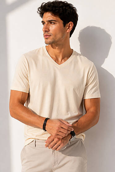 V Yaka Basic Erkek T-shirt Bej - Erkek T-shirt
