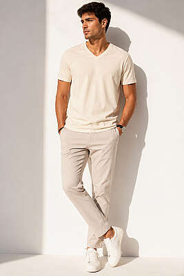 V Yaka Basic Erkek T-shirt Bej - Erkek T-shirt