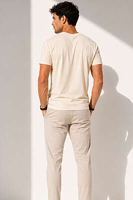 V Yaka Basic Erkek T-shirt Bej - Erkek T-shirt