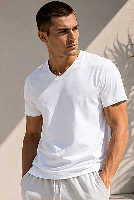 V Yaka Basic Erkek T-shirt Beyaz 