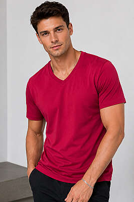 V Yaka Basic Erkek T-shirt Bordo - HİT TİME