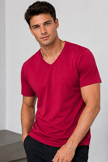 V Yaka Basic Erkek T-shirt Bordo - Erkek T-shirt