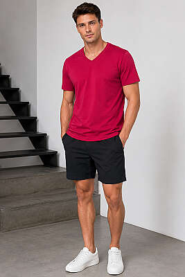 V Yaka Basic Erkek T-shirt Bordo - Erkek T-shirt