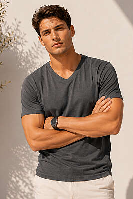 V Yaka Basic Erkek T-shirt Füme - HİT TİME